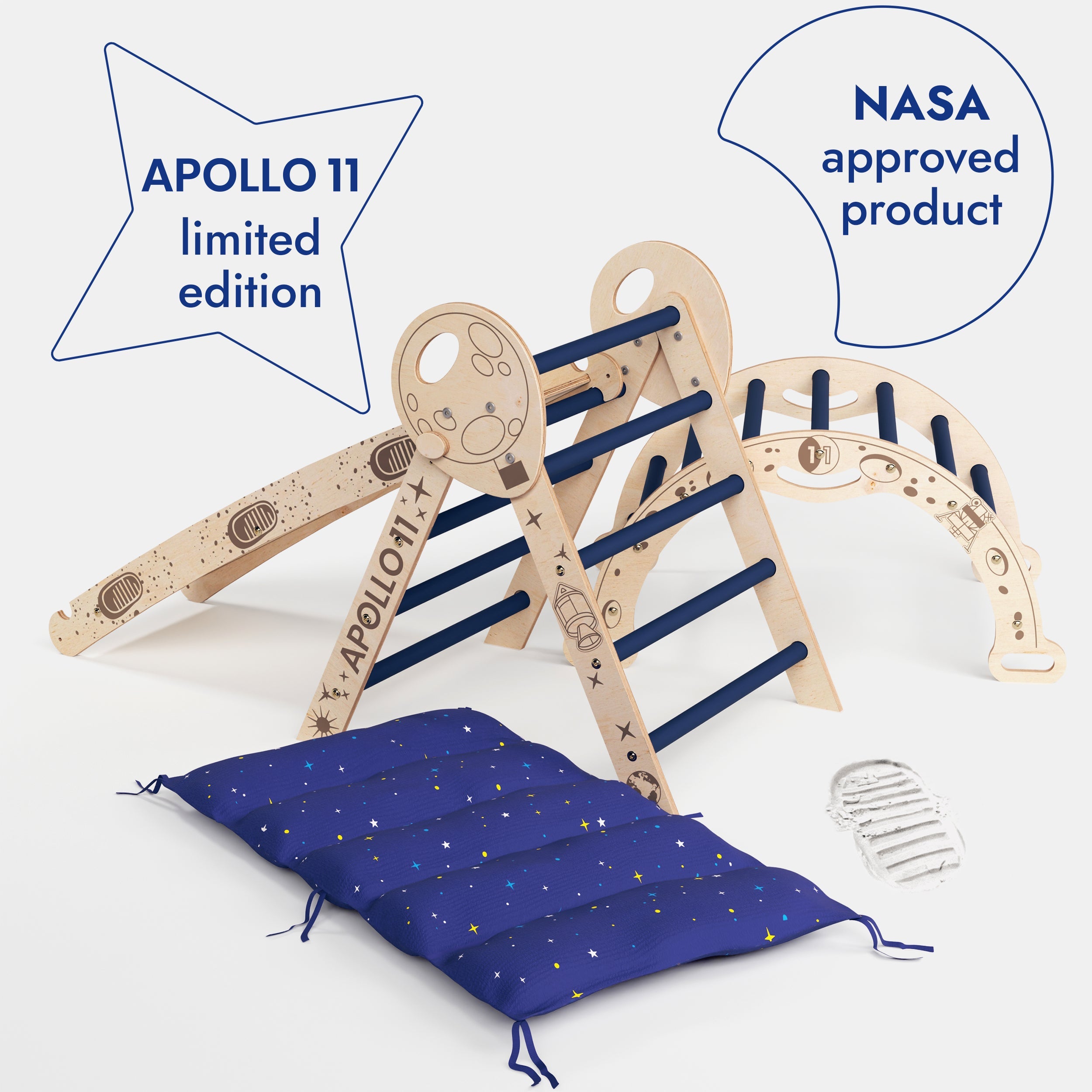 Apollo 4in1 Climbing Set: Pikler Triangle, Arch, Slide Board, and Cushion for Little Toddlers Astronauts