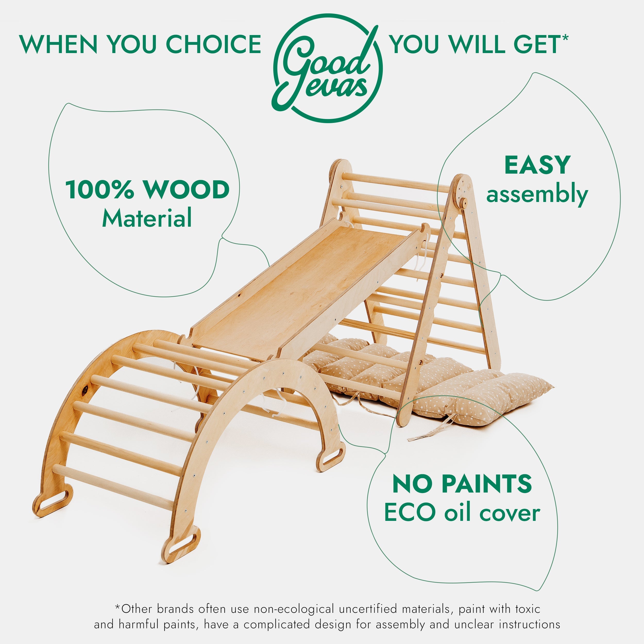 4in1 Montessori Climbing Frame Set: Triangle Ladder + Climbing Arch + Slide Board + Cushion Beige