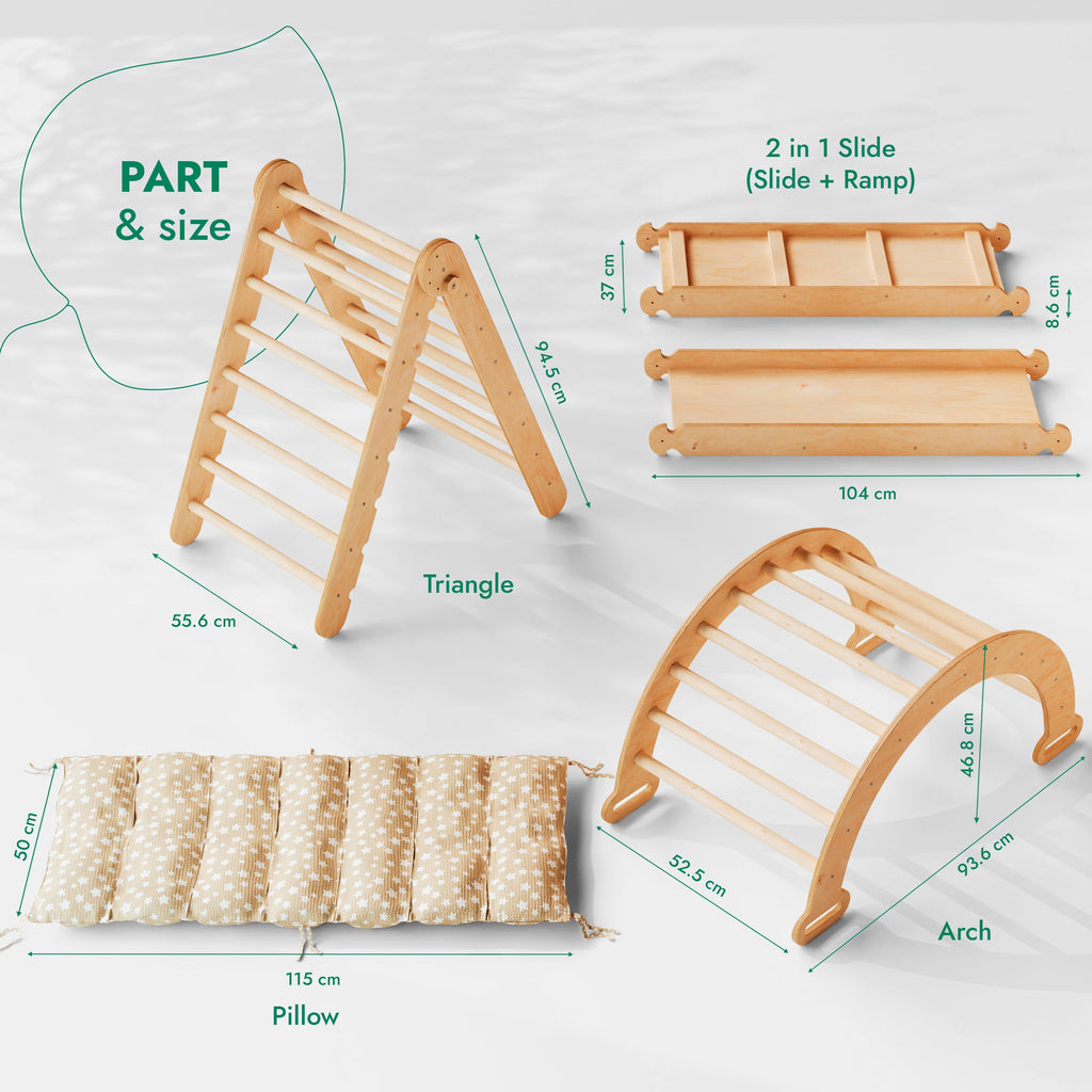 4in1 Montessori Climbing Frame Set: Triangle Ladder + Climbing Arch + Slide Board + Cushion Beige