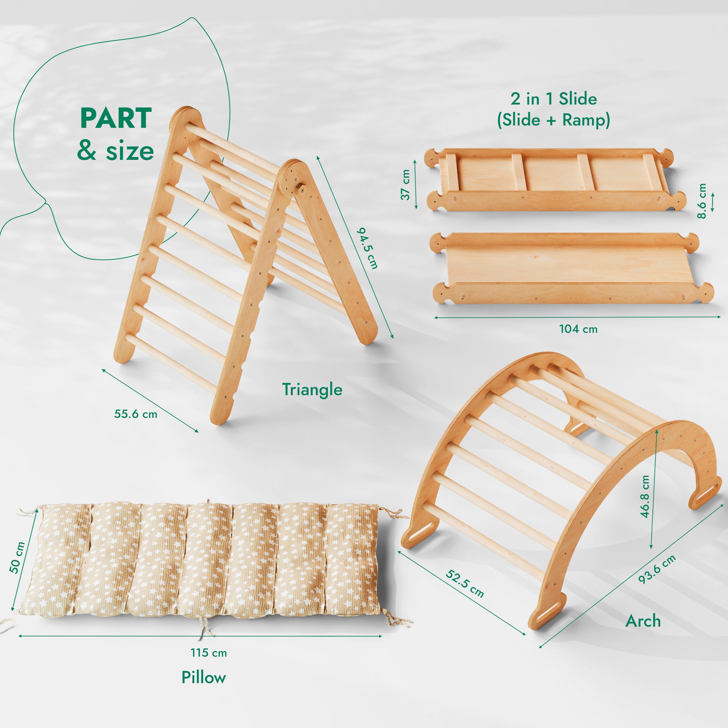 4in1 Montessori Climbing Frame Set: Triangle Ladder + Climbing Arch + Slide Board + Cushion Beige