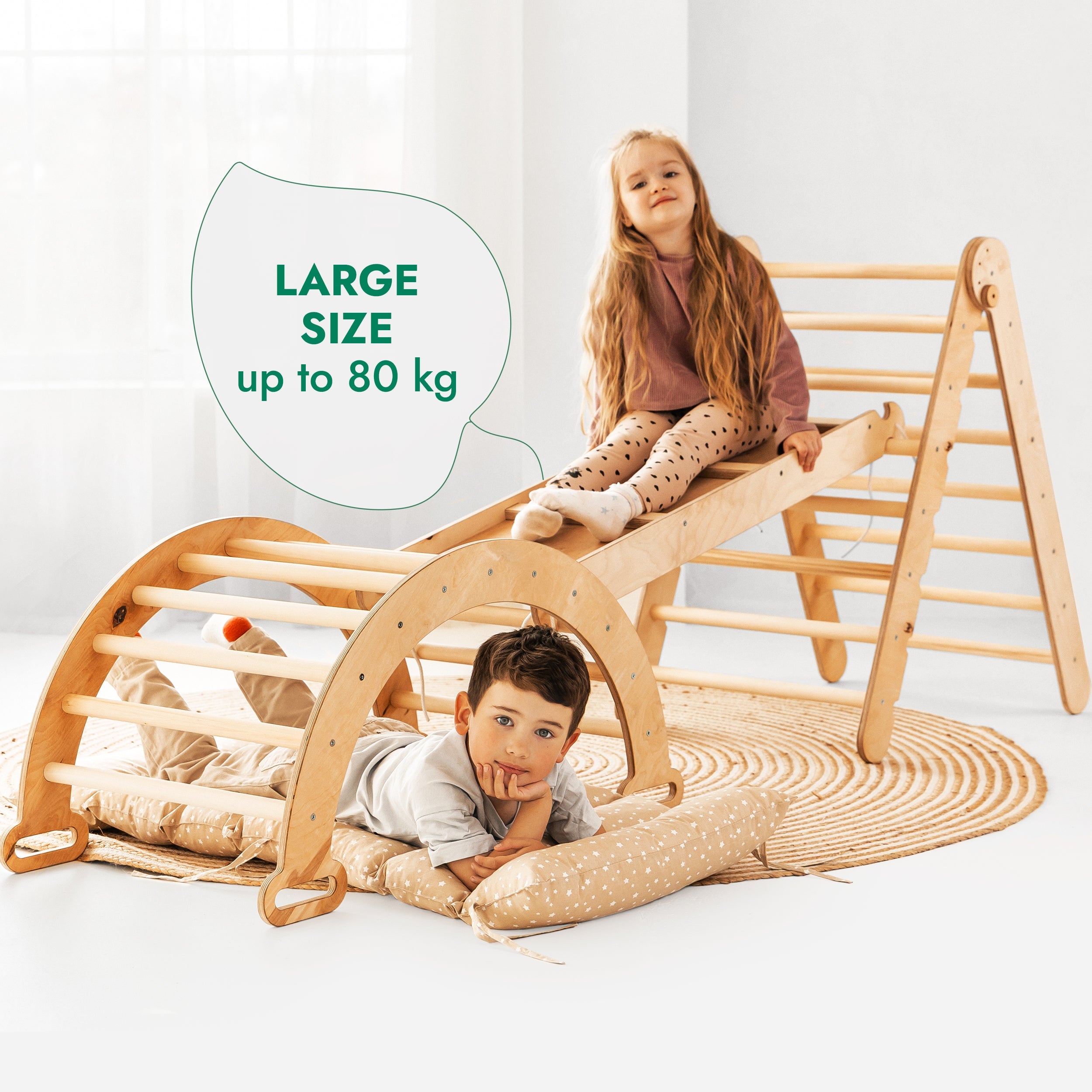 4in1 Montessori Climbing Frame Set: Triangle Ladder + Climbing Arch + Slide Board + Cushion Beige