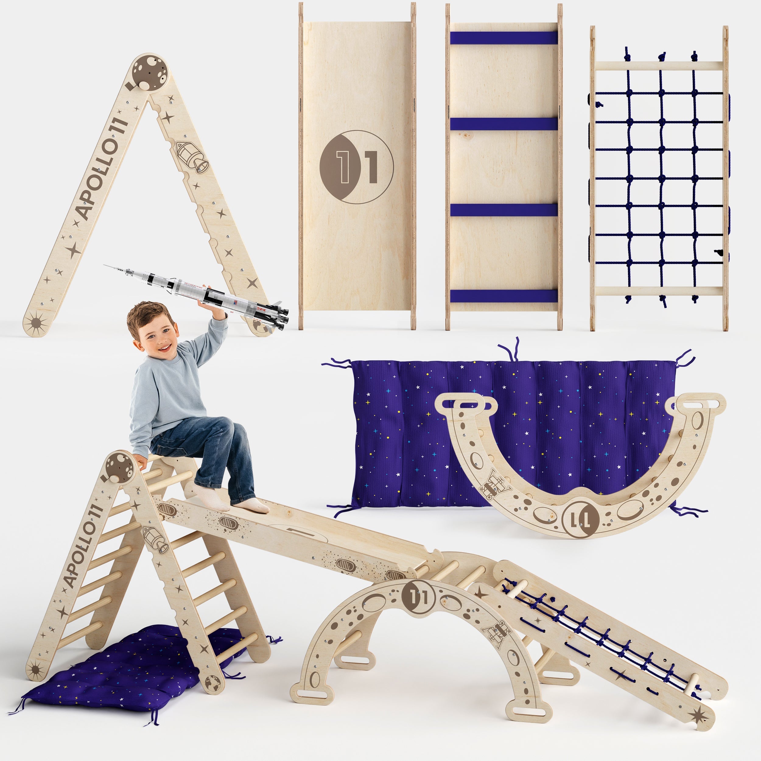 Apollo 5in1 Climbing Set: &nbsp;Pikler Triangle, Net, Arch, Slide Board, and Cushion for Little Astronauts