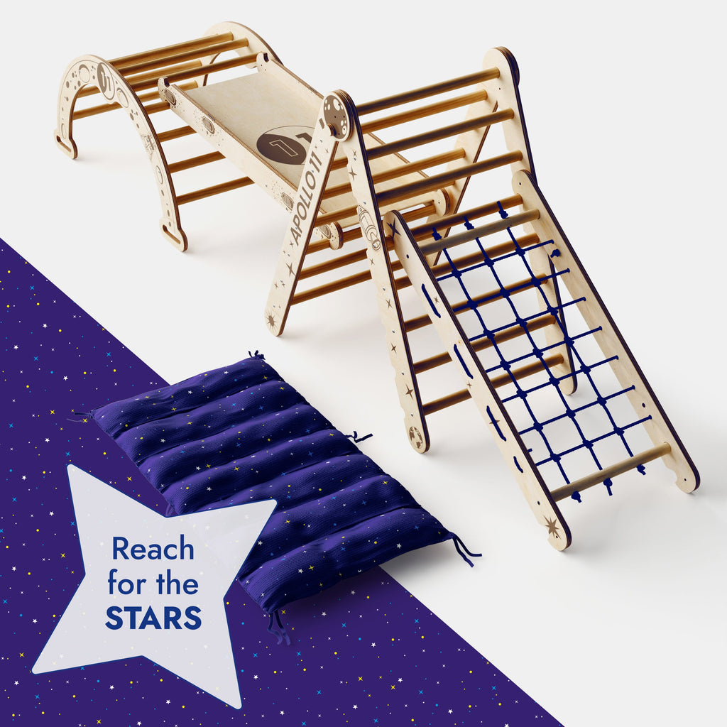 Apollo 5in1 Climbing Set: &nbsp;Pikler Triangle, Net, Arch, Slide Board, and Cushion for Little Astronauts