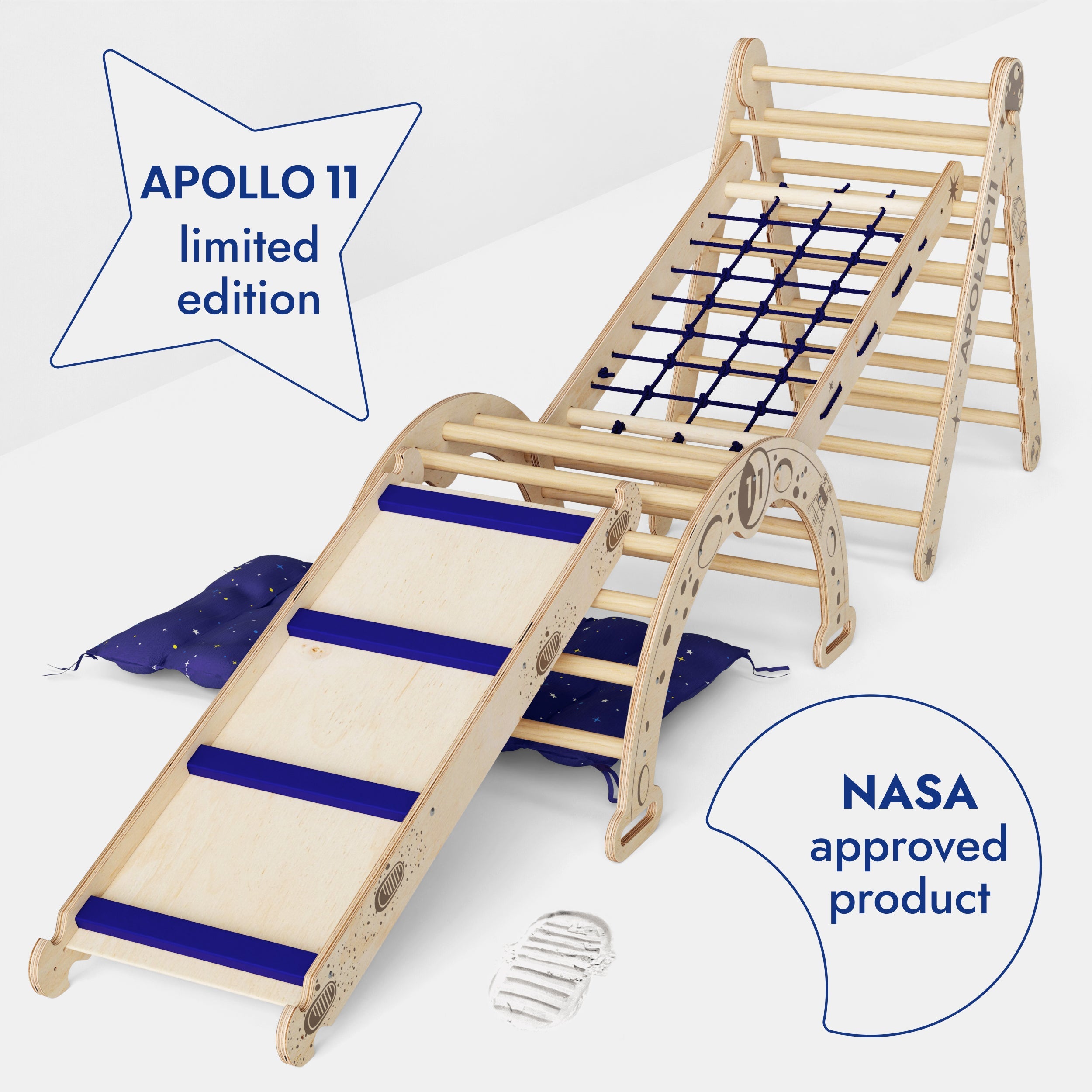 Apollo 5in1 Climbing Set: &nbsp;Pikler Triangle, Net, Arch, Slide Board, and Cushion for Little Astronauts