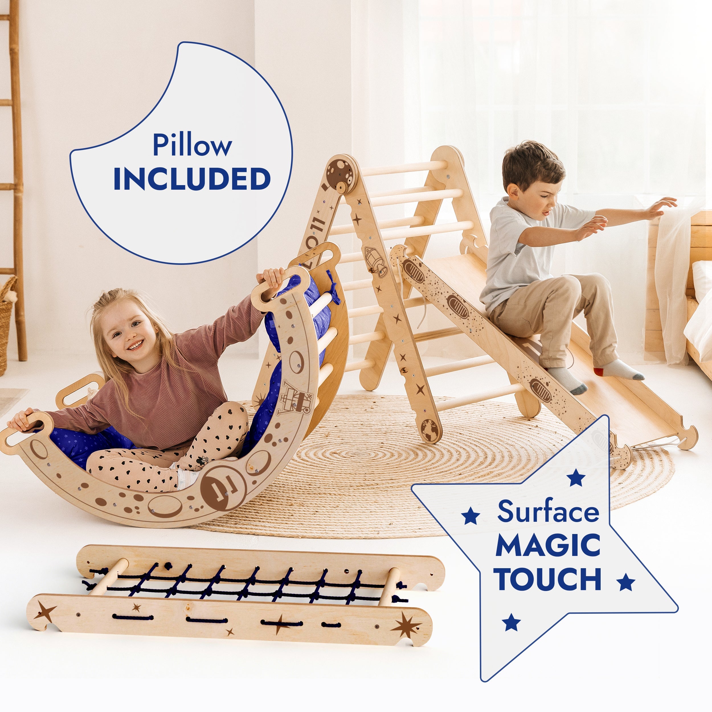 Apollo 5in1 Climbing Set: &nbsp;Pikler Triangle, Net, Arch, Slide Board, and Cushion for Little Astronauts