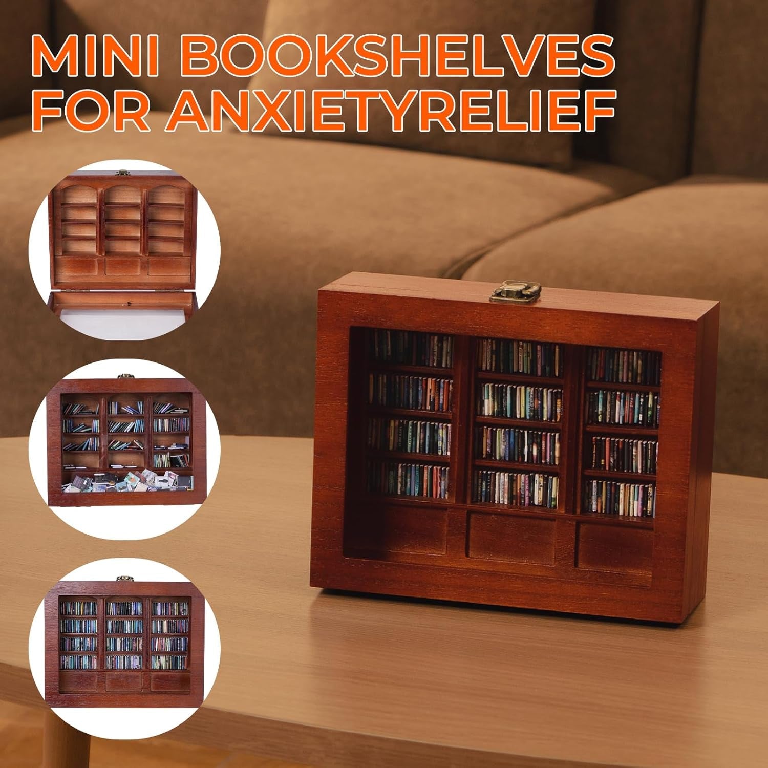 Anxiety Bookshelf Tiny Miniature Library Display Cabinet with Mini Books | Stress Relief and Creativity Decor - Mini Book Matchbox Shelf for Anxiety Relief