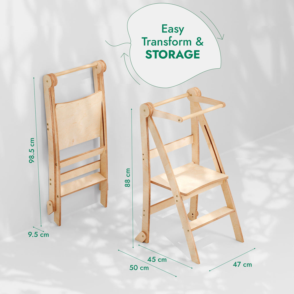 Folding Growing Chair– Montessori Step Stool with Safety Rails for Toddlers – White