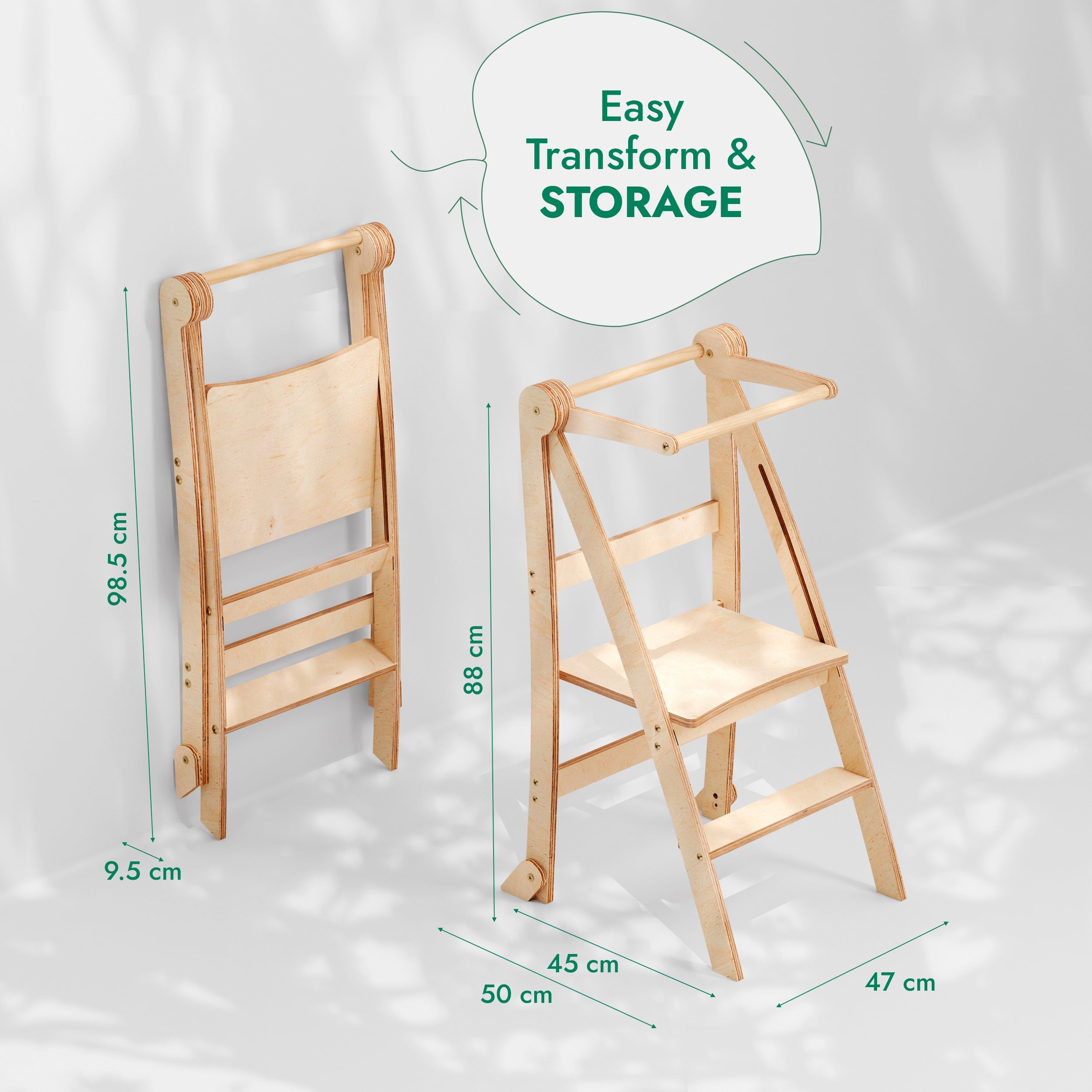 Folding Growing Chair– Montessori Step Stool with Safety Rails for Toddlers – White