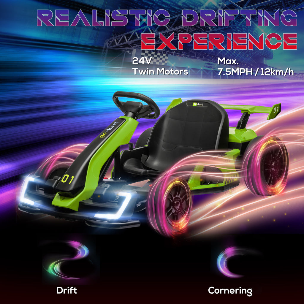 HOMCOM 24V Electric Go Kart for Kids with Adjustable Seat for 6-12 Years Old in Green