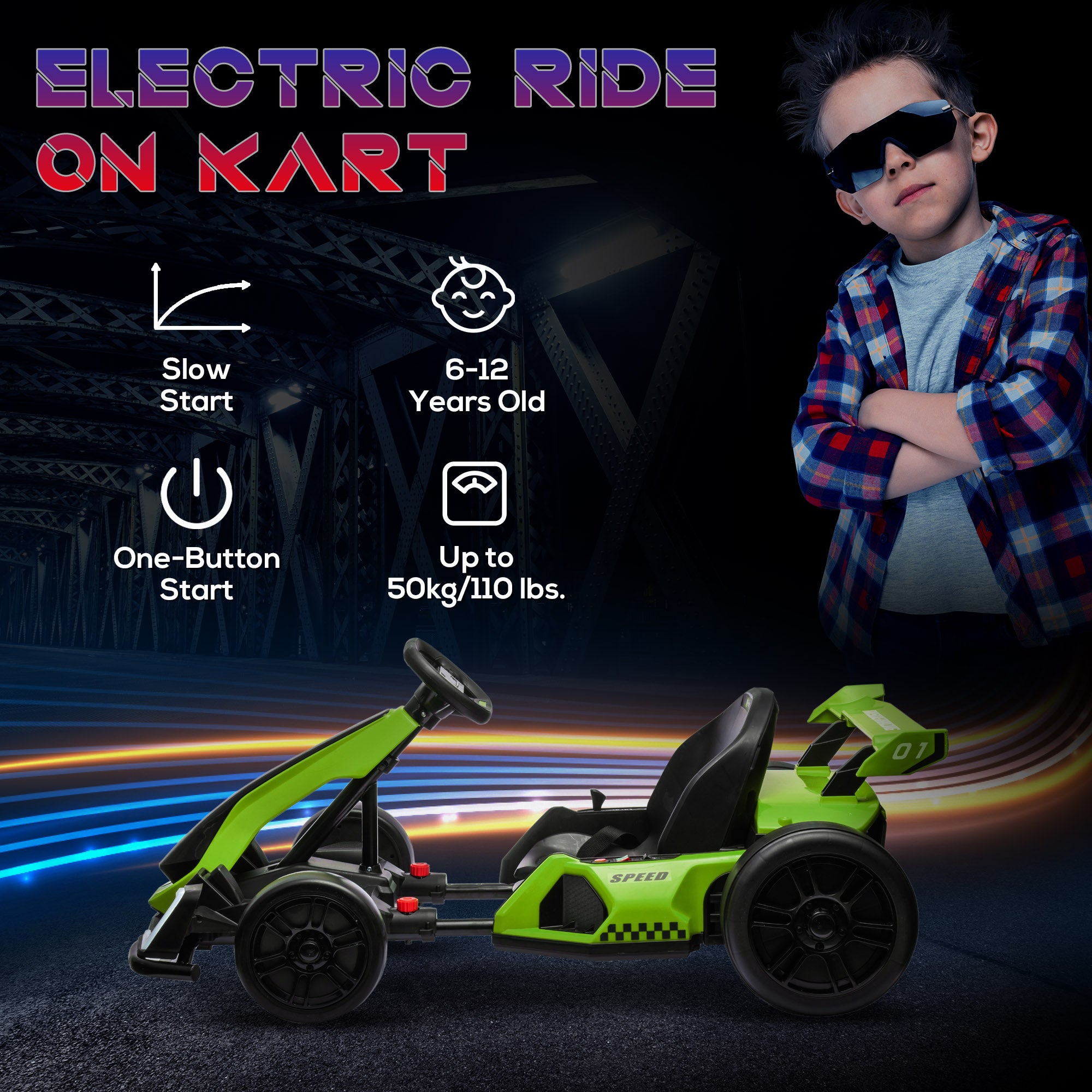 HOMCOM 24V Electric Go Kart for Kids with Adjustable Seat for 6-12 Years Old in Green