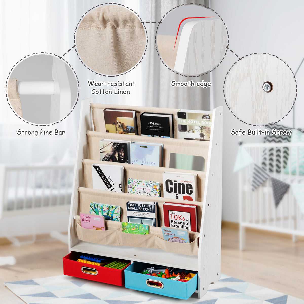 NNECW Wood Bookshelf with 2 Storage Boxes for Storing Books-Beige