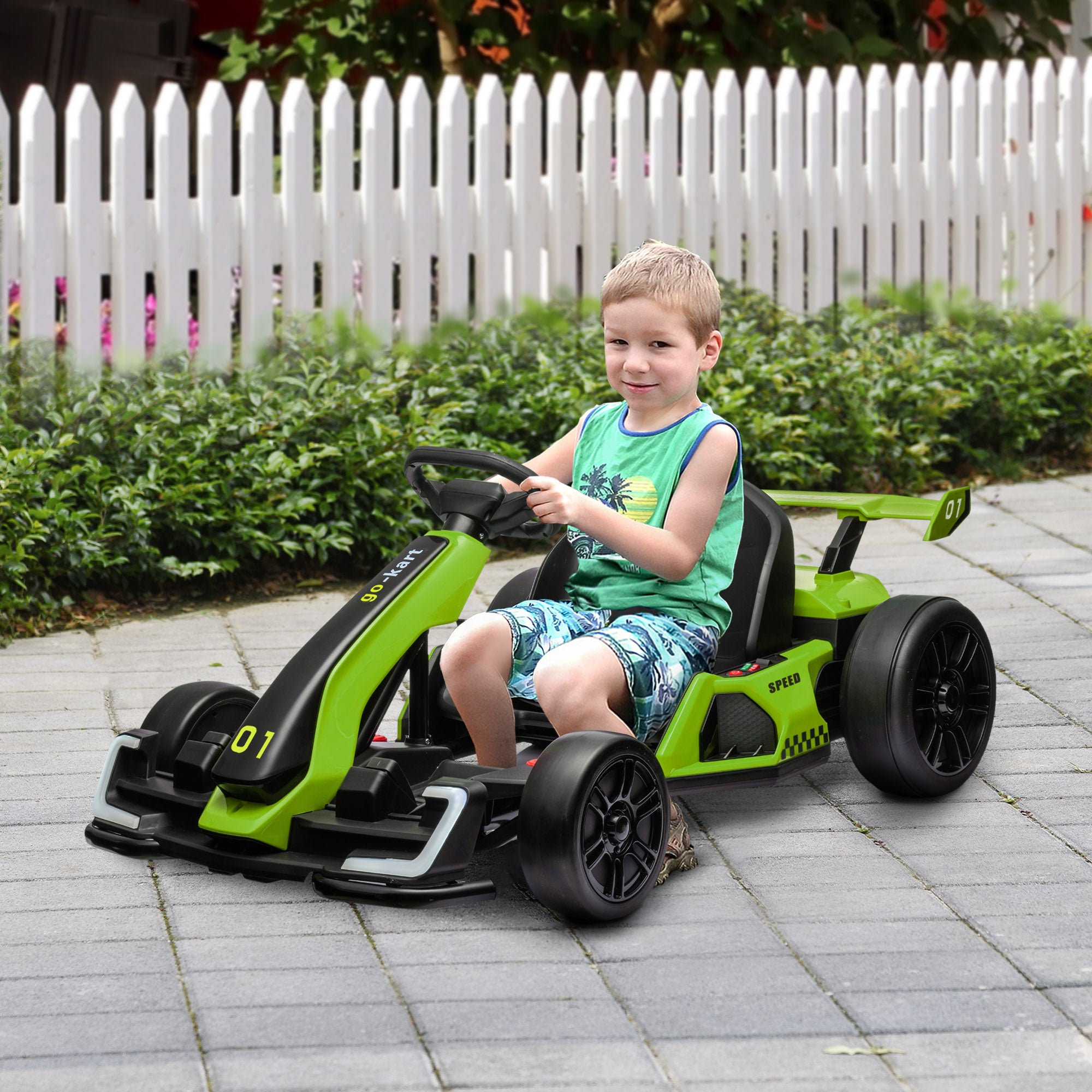 HOMCOM 24V Electric Go Kart for Kids with Adjustable Seat for 6-12 Years Old in Green